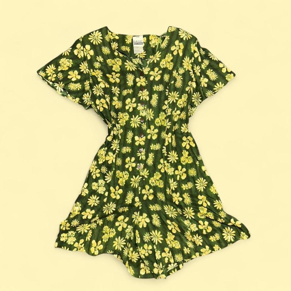 Vintage Basic Editions Romper Medium Green Yellow Floral Corset Back 90s